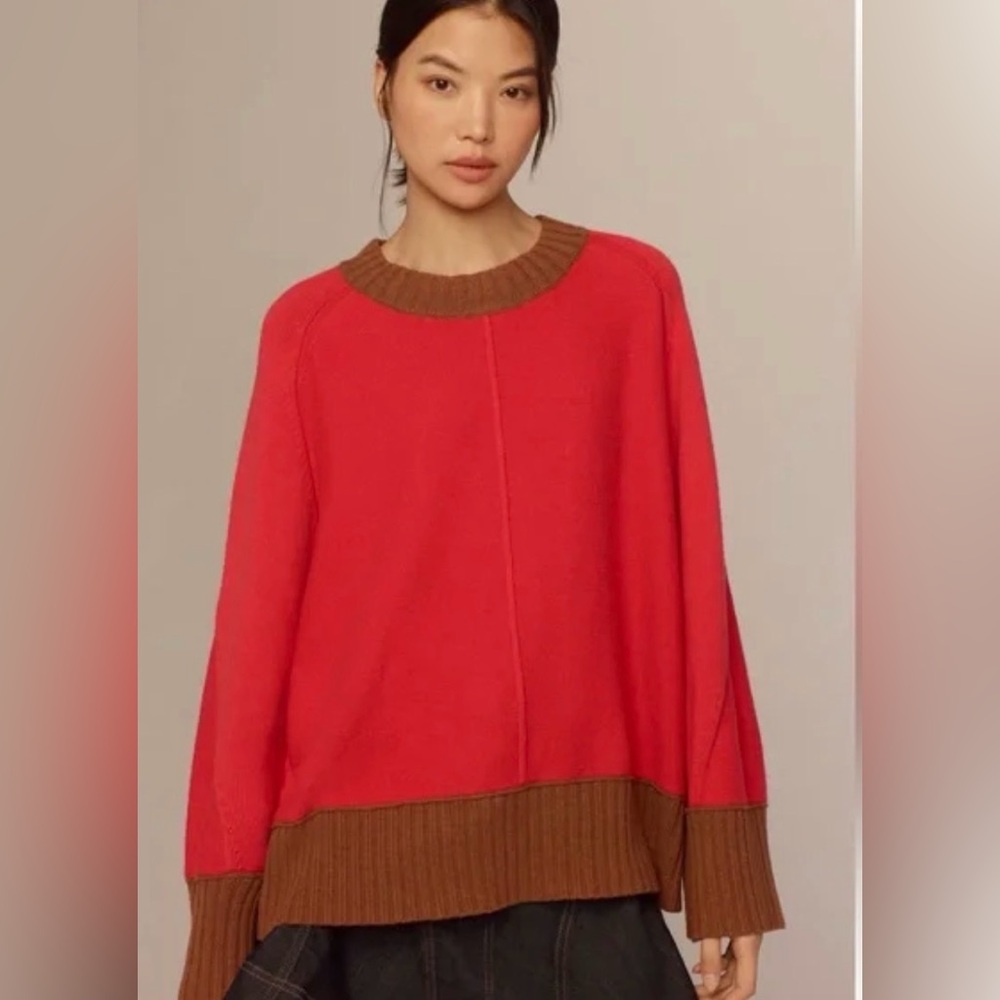 Anthropologie Maeve Red Crewneck Sweater with Brown Trim